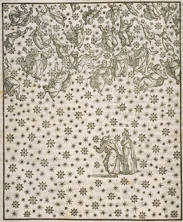 An intricate illustration depicting celestial figures and stars, with figures near the bottom appearing to interact amidst a star-filled background.